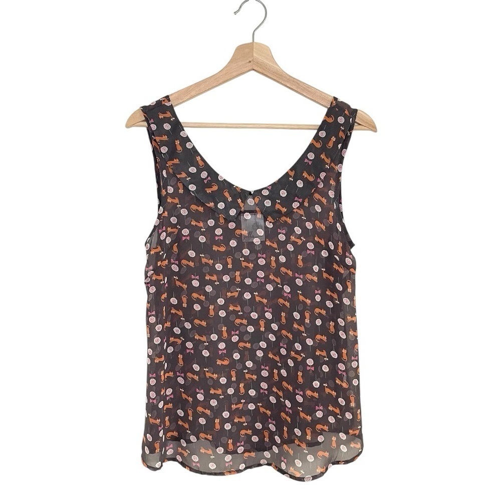 Jella Couture Semi Sheer Cat Print Sleeveless Peter Pan Collar Top Small
